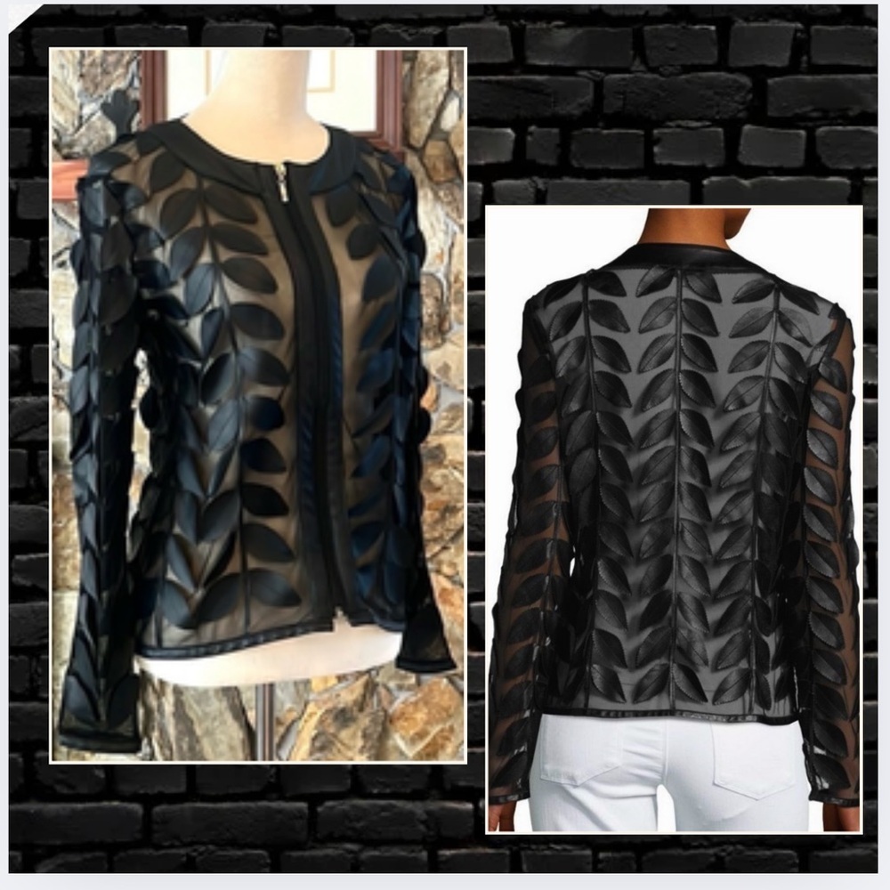 NWT,Gaby & Eden,Vegan- Leather Collect, Leaf-Trimmed Sheer,Organza Jacket,Size S